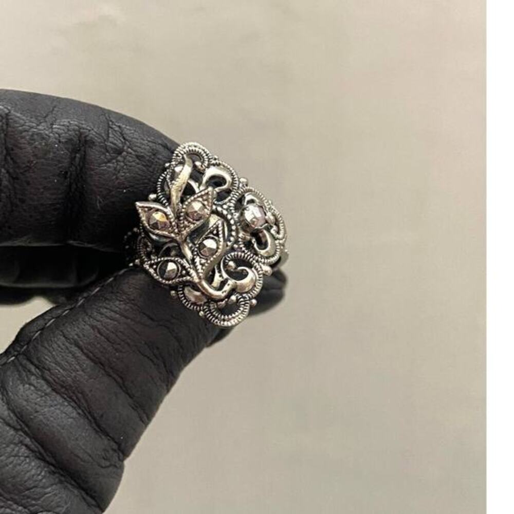 Antique German silver marcasite adjustable ring with iridescent gemstone